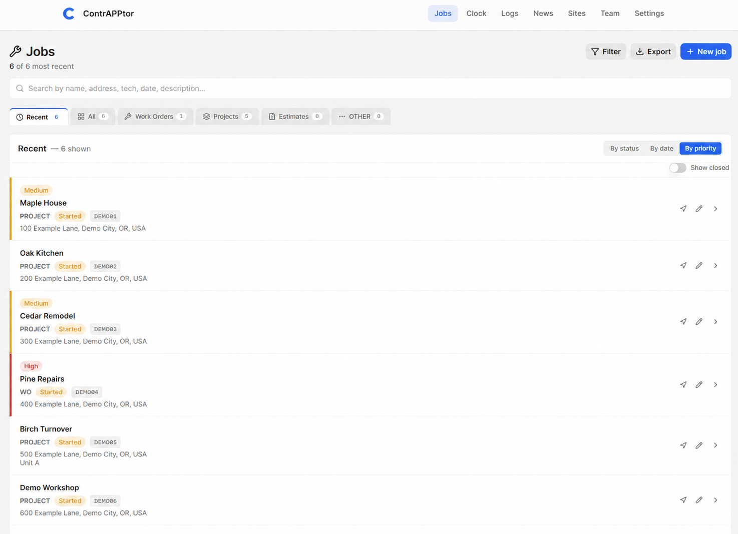 ContrAPPtor desktop jobs list showing sample projects, priorities, statuses and addresses