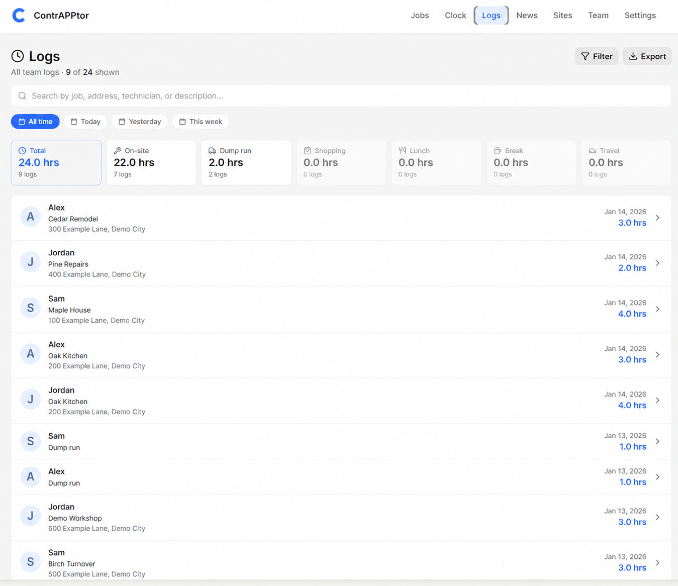 Desktop work logs with sample team members, jobs, activity totals and durations
