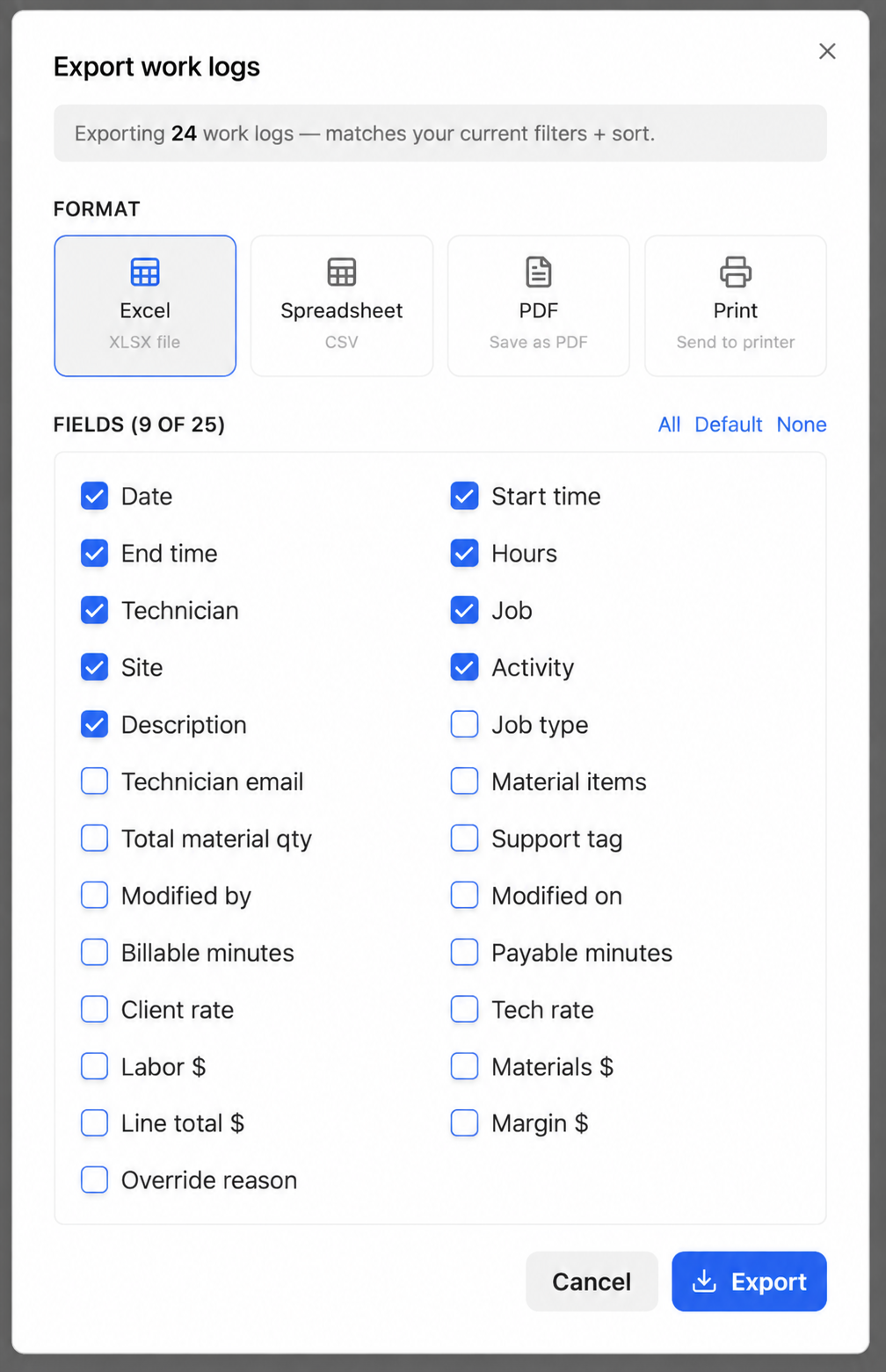 Work log export dialog with Excel, CSV, PDF and print options and selectable fields