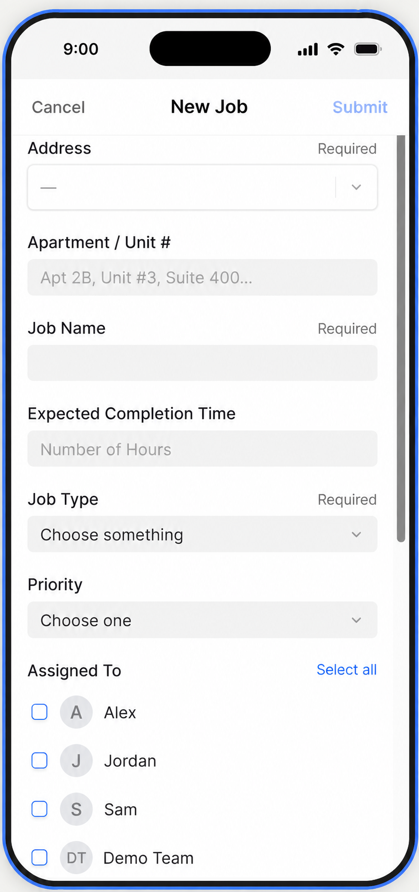 Mobile New Job form with address, unit, job name, expected hours, job type, priority and sample team assignments